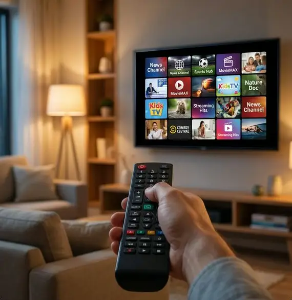 Hand holding remote control browsing 20,000+ TV channels